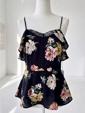 Monteau| Feminine Black & Pink Floral Lace-Trim Peplum Cami Blouse Sz S